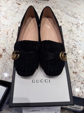 Gucci Black Suede Fringe Loafers with Gold GG